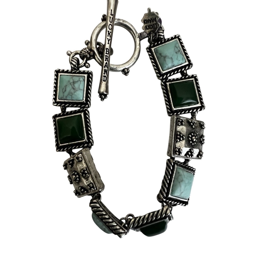 Ornate Lucky Brand VTG Green Turquoise Flower Cabochon Bracelet Silver Tone Boho